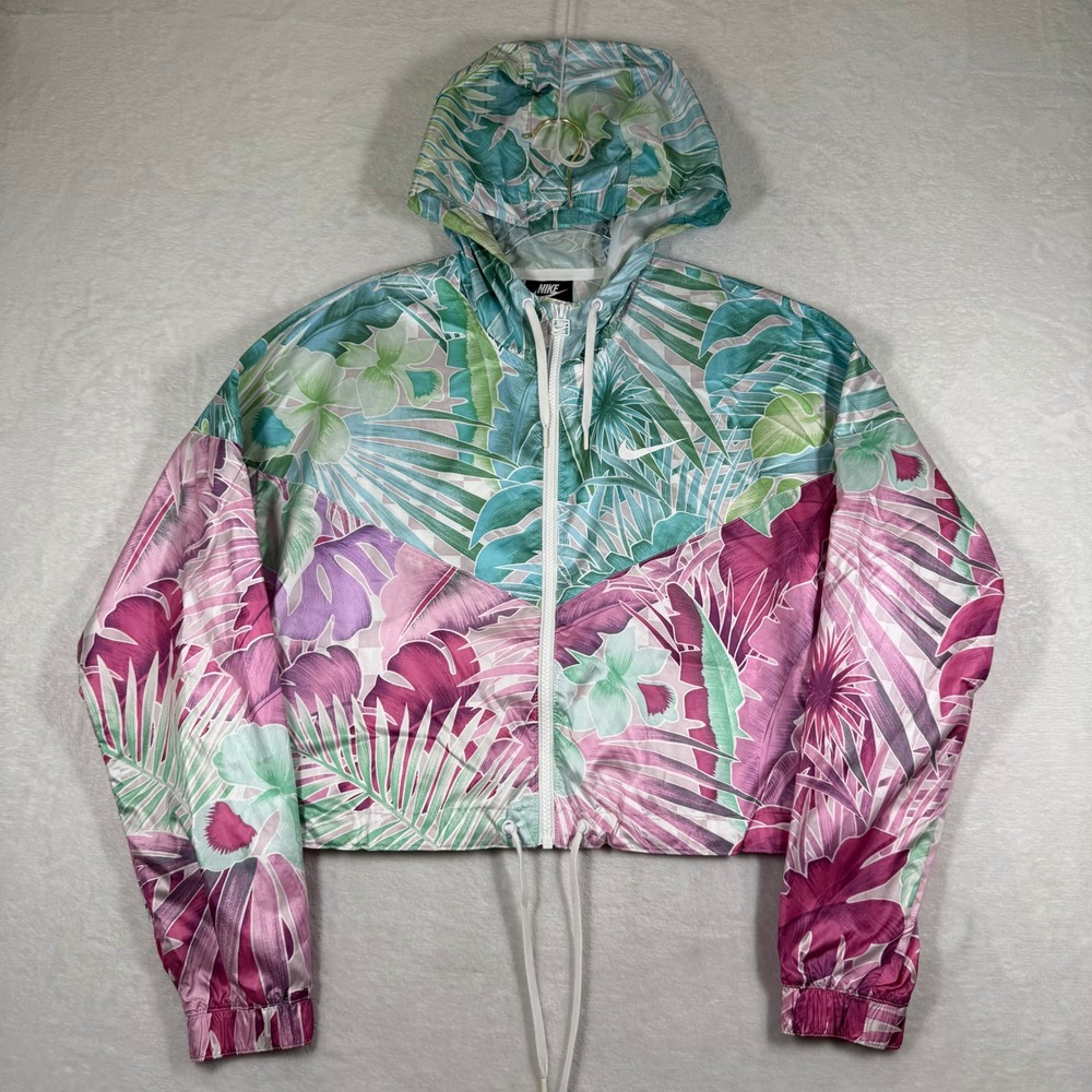 Nike Womens Windrunner Tropical Floral Cropped Jacket Pink Teal Medium